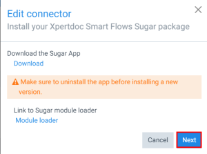 Edit connector Install your Xpertdoc Smart Flow Sugar package window